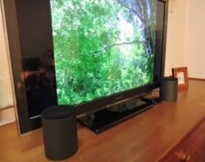 テレビの前に、スピーカーを立てて置いた設置例
