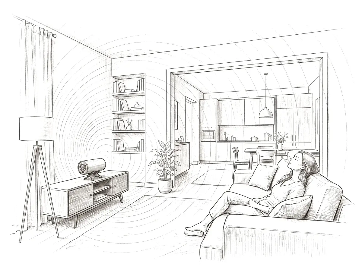 Sound flowing gently from living room to kitchen
